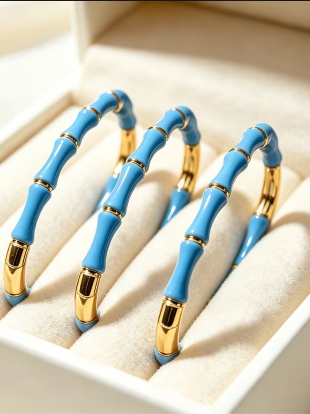Blue Enamel & Gold Bamboo-Style Hoop Earrings
